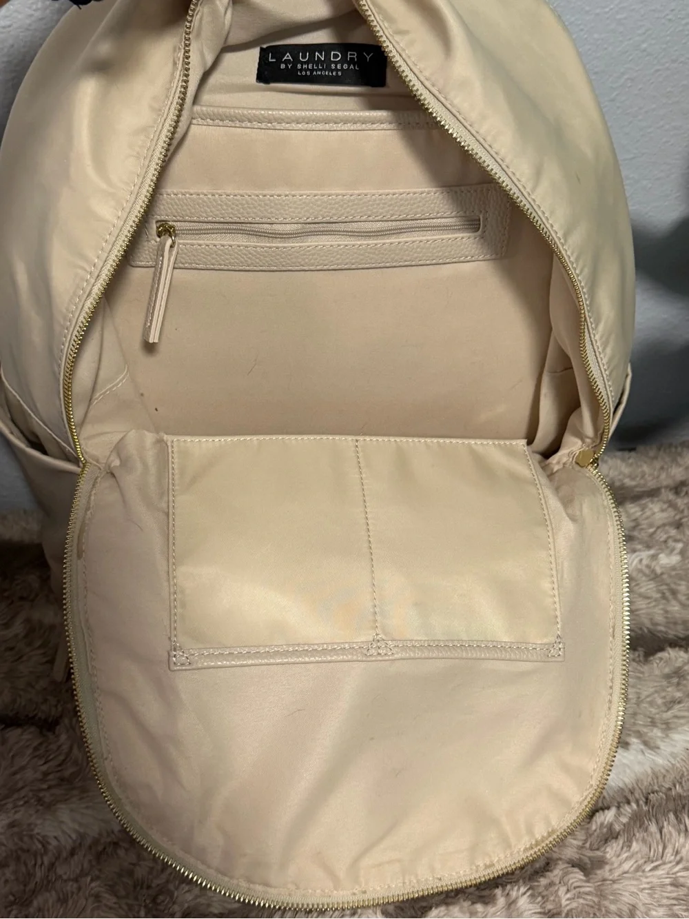 Laundry by Shelli Segal Cream Nylon Backpack with Gold Accents